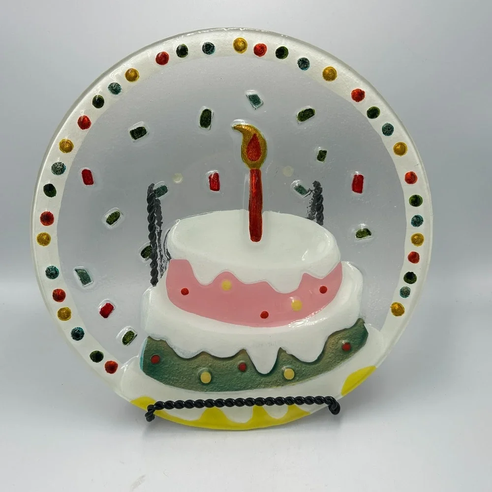 Lori Siebert Silvestri Demdaco Glass Fusion Birthday PARTY Cake Plate Confetti‎
